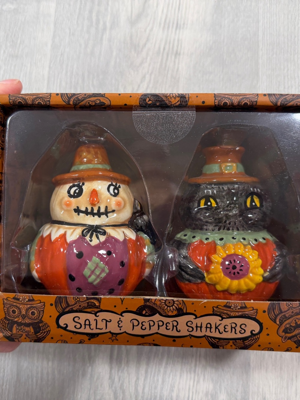 Fall Johanna Parker Thanksgiving Owl Scarecrow Pilgrim Salt & Pepper Shakers Set
